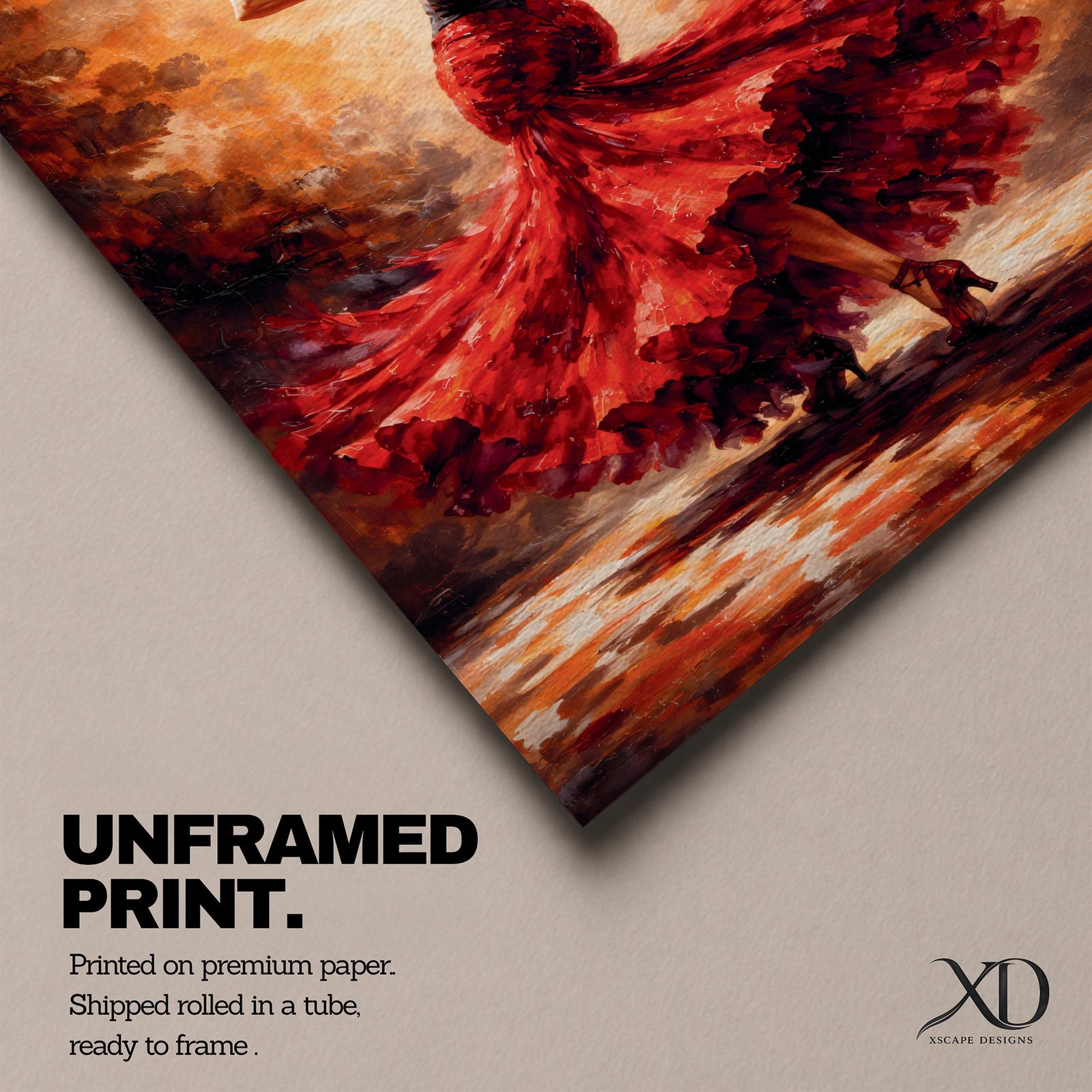 A flamenco dancer captured mid motion wearing a flowing red dress, holding a black fan while turning with dramatic movement, set against a textured warm-toned background with expressive brushwork that emphasizes motion, rhythm, and intensity of Spanish dance culture.