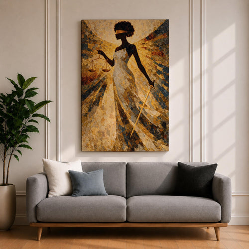 A stylized Lady Justice figure depicted as a Black woman with a natural afro stands blindfolded holding balanced scales and a sword, rendered in intricate golden mosaic textures with radiating geometric patterns that create a sense of motion and symmetry, emphasizing themes of law, balance, and authority in an abstract composition.