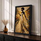 A stylized Lady Justice figure depicted as a Black woman with a natural afro stands blindfolded holding balanced scales and a sword, rendered in intricate golden mosaic textures with radiating geometric patterns that create a sense of motion and symmetry, emphasizing themes of law, balance, and authority in an abstract composition.