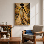 A stylized Lady Justice figure depicted as a Black woman with a natural afro stands blindfolded holding balanced scales and a sword, rendered in intricate golden mosaic textures with radiating geometric patterns that create a sense of motion and symmetry, emphasizing themes of law, balance, and authority in an abstract composition.