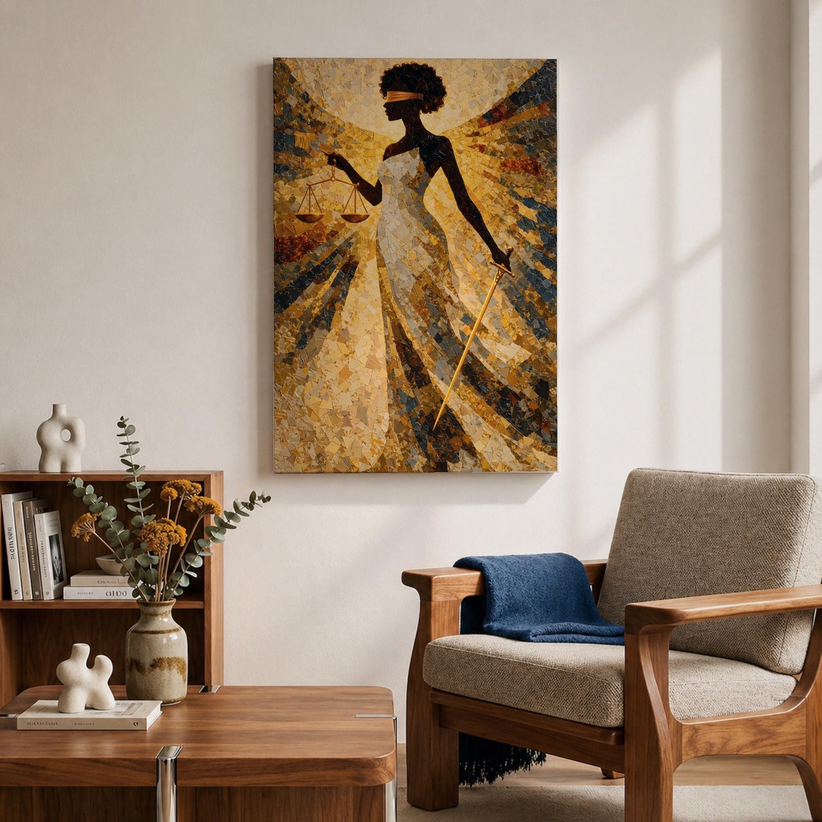 A stylized Lady Justice figure depicted as a Black woman with a natural afro stands blindfolded holding balanced scales and a sword, rendered in intricate golden mosaic textures with radiating geometric patterns that create a sense of motion and symmetry, emphasizing themes of law, balance, and authority in an abstract composition.