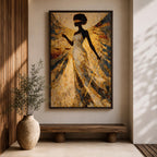 A stylized Lady Justice figure depicted as a Black woman with a natural afro stands blindfolded holding balanced scales and a sword, rendered in intricate golden mosaic textures with radiating geometric patterns that create a sense of motion and symmetry, emphasizing themes of law, balance, and authority in an abstract composition.