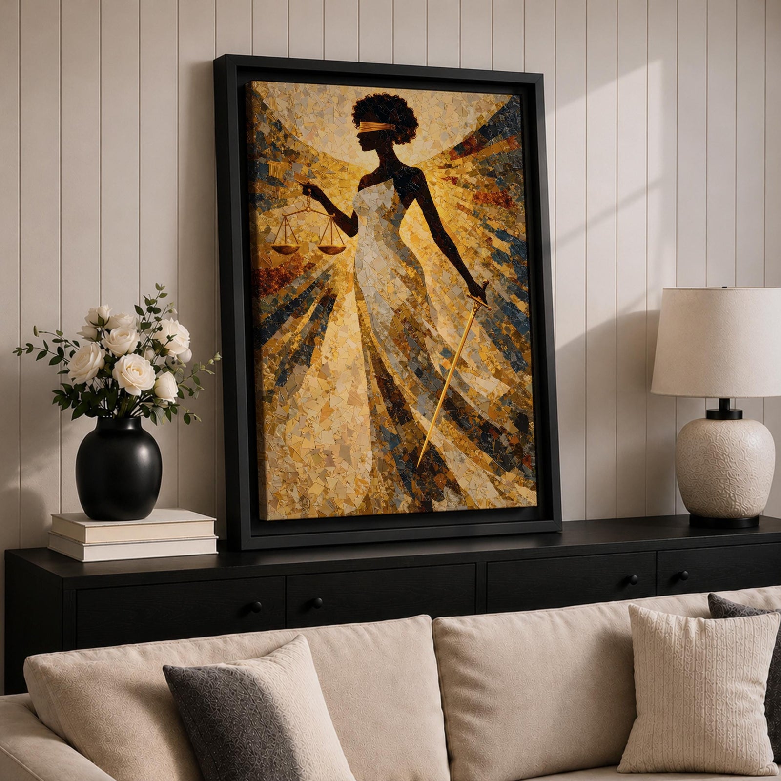 A stylized Lady Justice figure depicted as a Black woman with a natural afro stands blindfolded holding balanced scales and a sword, rendered in intricate golden mosaic textures with radiating geometric patterns that create a sense of motion and symmetry, emphasizing themes of law, balance, and authority in an abstract composition.