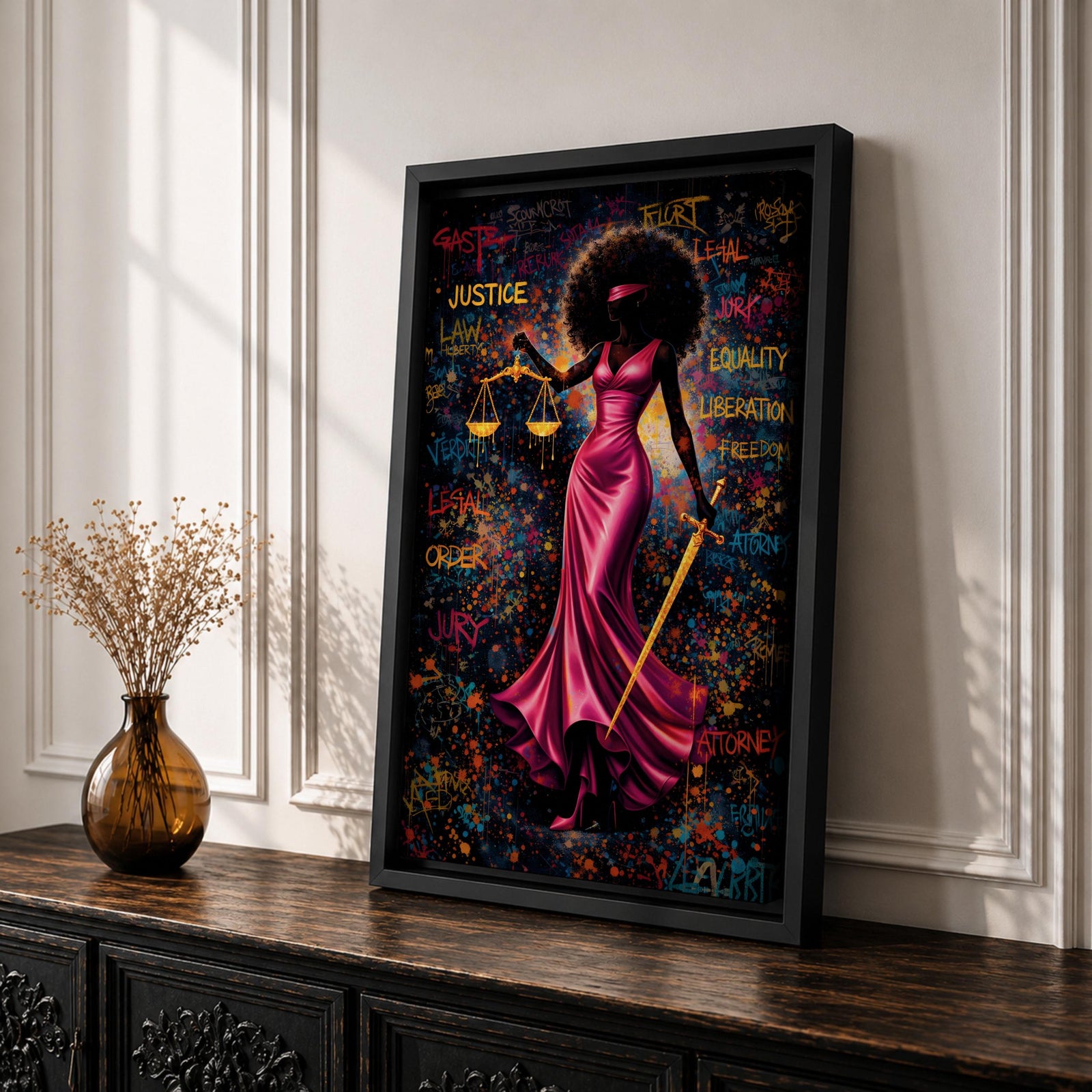 A bold depiction of Lady Justice portrayed as a Black woman with a voluminous afro and blindfold, wearing a flowing magenta dress while holding scales and a sword, set against a vibrant graffiti style background filled with layered words and colorful splashes that create an energetic urban composition emphasizing law and authority.