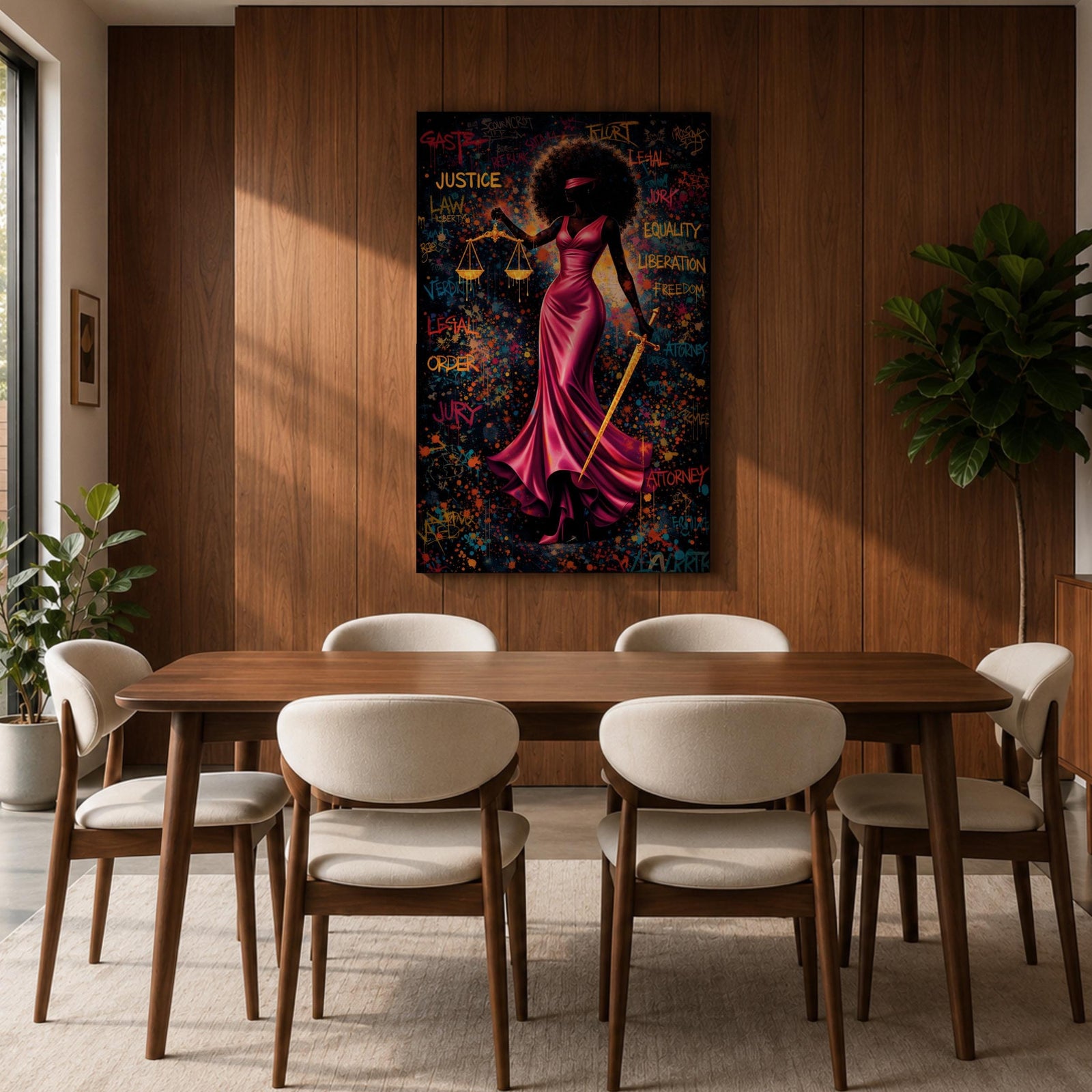 A bold depiction of Lady Justice portrayed as a Black woman with a voluminous afro and blindfold, wearing a flowing magenta dress while holding scales and a sword, set against a vibrant graffiti style background filled with layered words and colorful splashes that create an energetic urban composition emphasizing law and authority.
