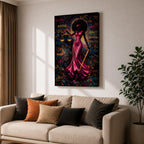A bold depiction of Lady Justice portrayed as a Black woman with a voluminous afro and blindfold, wearing a flowing magenta dress while holding scales and a sword, set against a vibrant graffiti style background filled with layered words and colorful splashes that create an energetic urban composition emphasizing law and authority.