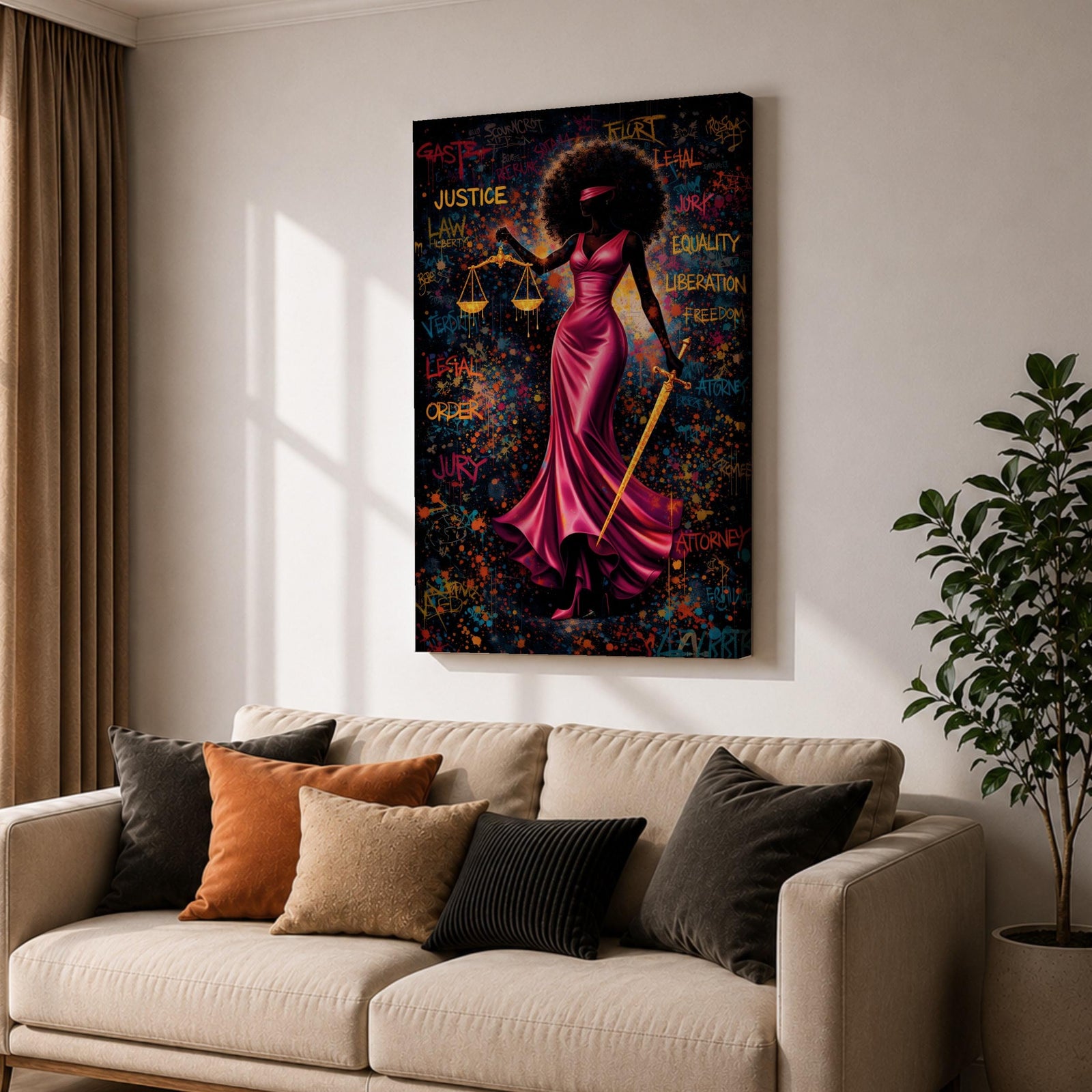 A bold depiction of Lady Justice portrayed as a Black woman with a voluminous afro and blindfold, wearing a flowing magenta dress while holding scales and a sword, set against a vibrant graffiti style background filled with layered words and colorful splashes that create an energetic urban composition emphasizing law and authority.