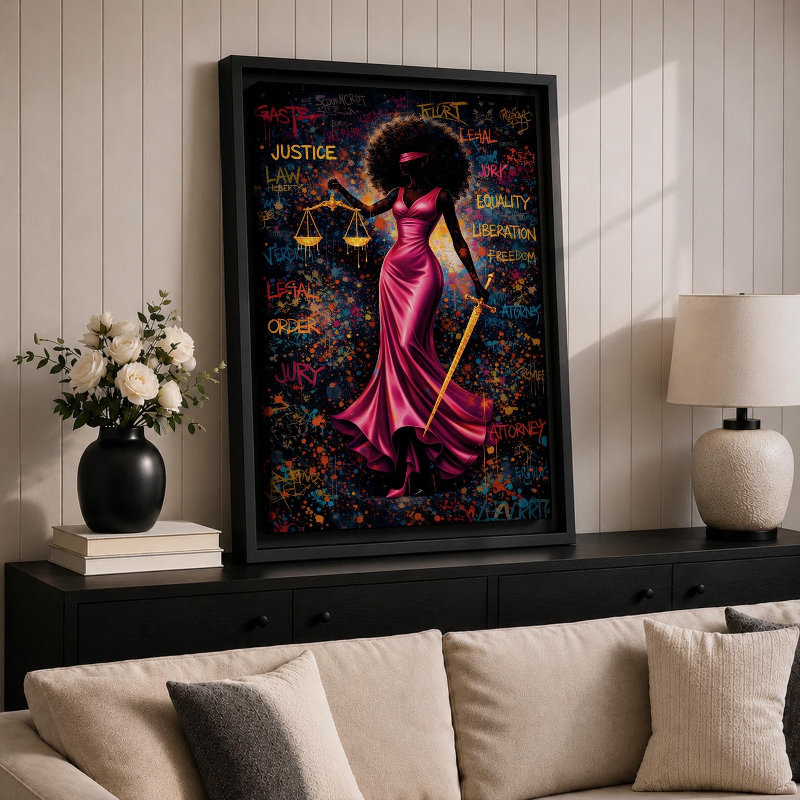 A bold depiction of Lady Justice portrayed as a Black woman with a voluminous afro and blindfold, wearing a flowing magenta dress while holding scales and a sword, set against a vibrant graffiti style background filled with layered words and colorful splashes that create an energetic urban composition emphasizing law and authority.