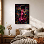 A bold depiction of Lady Justice portrayed as a Black woman with a voluminous afro and blindfold, wearing a flowing magenta dress while holding scales and a sword, set against a vibrant graffiti style background filled with layered words and colorful splashes that create an energetic urban composition emphasizing law and authority.