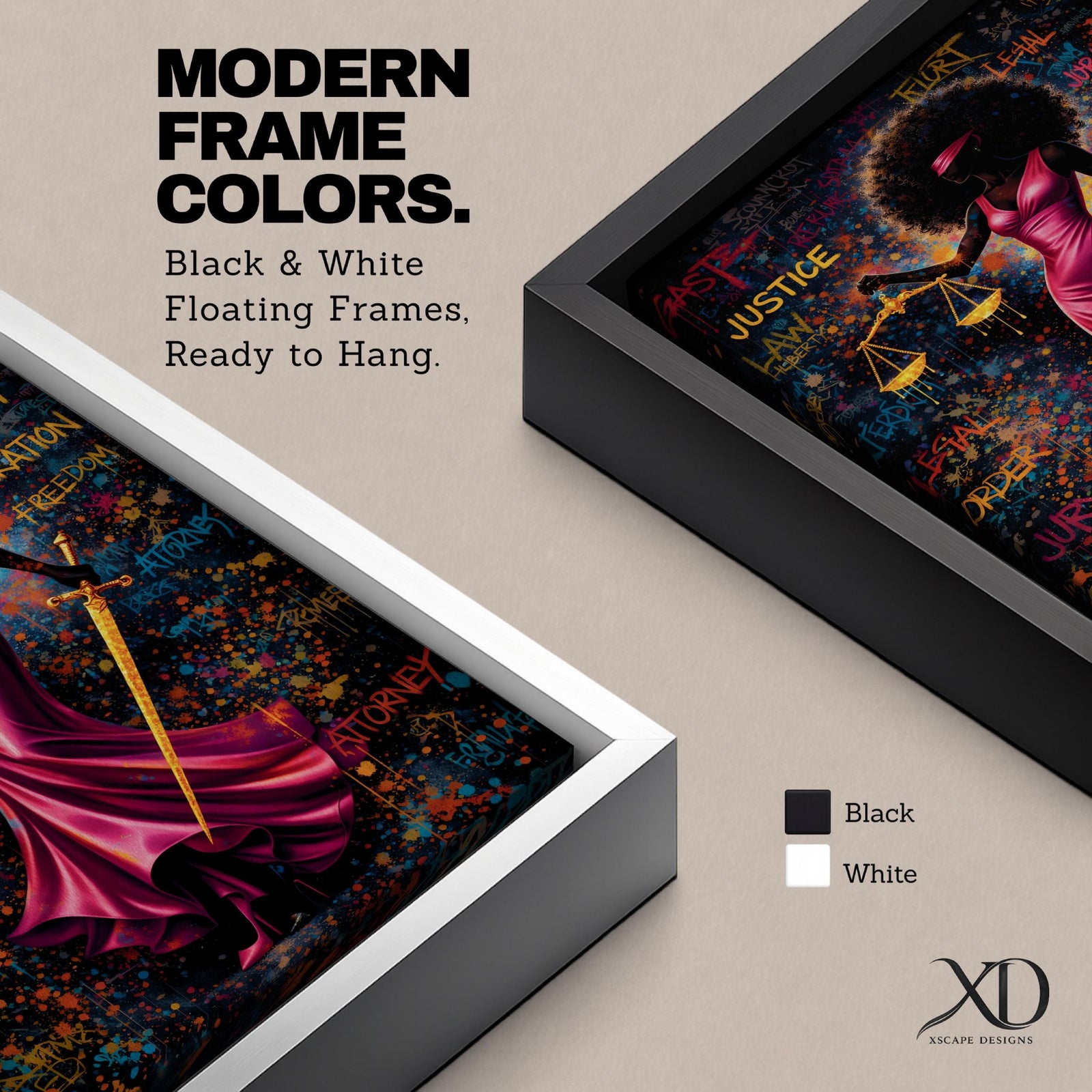 A bold depiction of Lady Justice portrayed as a Black woman with a voluminous afro and blindfold, wearing a flowing magenta dress while holding scales and a sword, set against a vibrant graffiti style background filled with layered words and colorful splashes that create an energetic urban composition emphasizing law and authority.