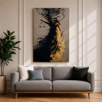 An abstract depiction of Lady Justice emerging from swirling black and gold textures, her blindfolded figure partially dissolving into smoky forms while holding balanced scales in one hand and a sword in the other, with dramatic contrast between dark shadows and metallic gold accents emphasizing motion and symbolism.