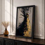 An abstract depiction of Lady Justice emerging from swirling black and gold textures, her blindfolded figure partially dissolving into smoky forms while holding balanced scales in one hand and a sword in the other, with dramatic contrast between dark shadows and metallic gold accents emphasizing motion and symbolism.