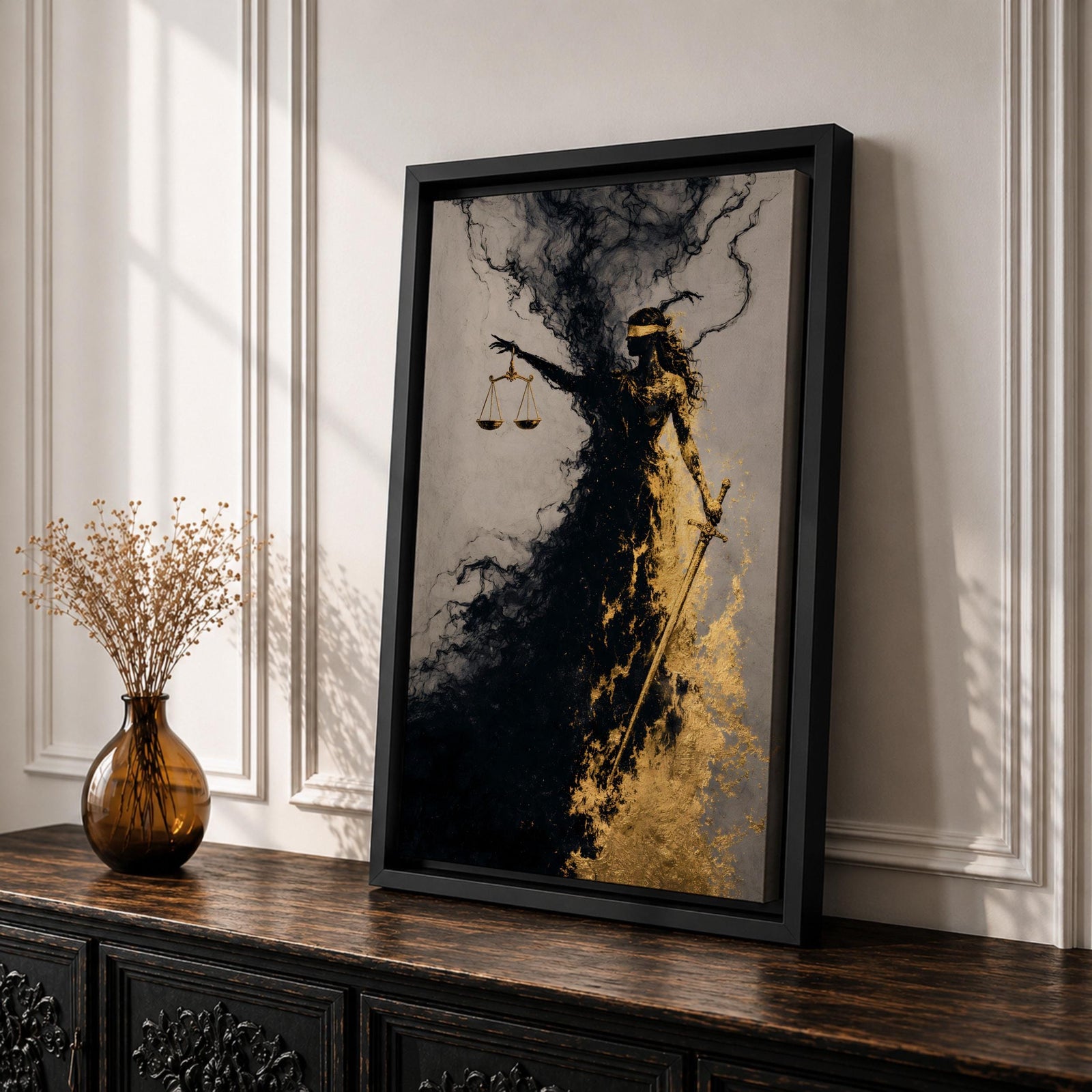 An abstract depiction of Lady Justice emerging from swirling black and gold textures, her blindfolded figure partially dissolving into smoky forms while holding balanced scales in one hand and a sword in the other, with dramatic contrast between dark shadows and metallic gold accents emphasizing motion and symbolism.