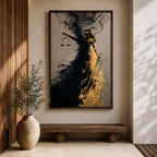 An abstract depiction of Lady Justice emerging from swirling black and gold textures, her blindfolded figure partially dissolving into smoky forms while holding balanced scales in one hand and a sword in the other, with dramatic contrast between dark shadows and metallic gold accents emphasizing motion and symbolism.