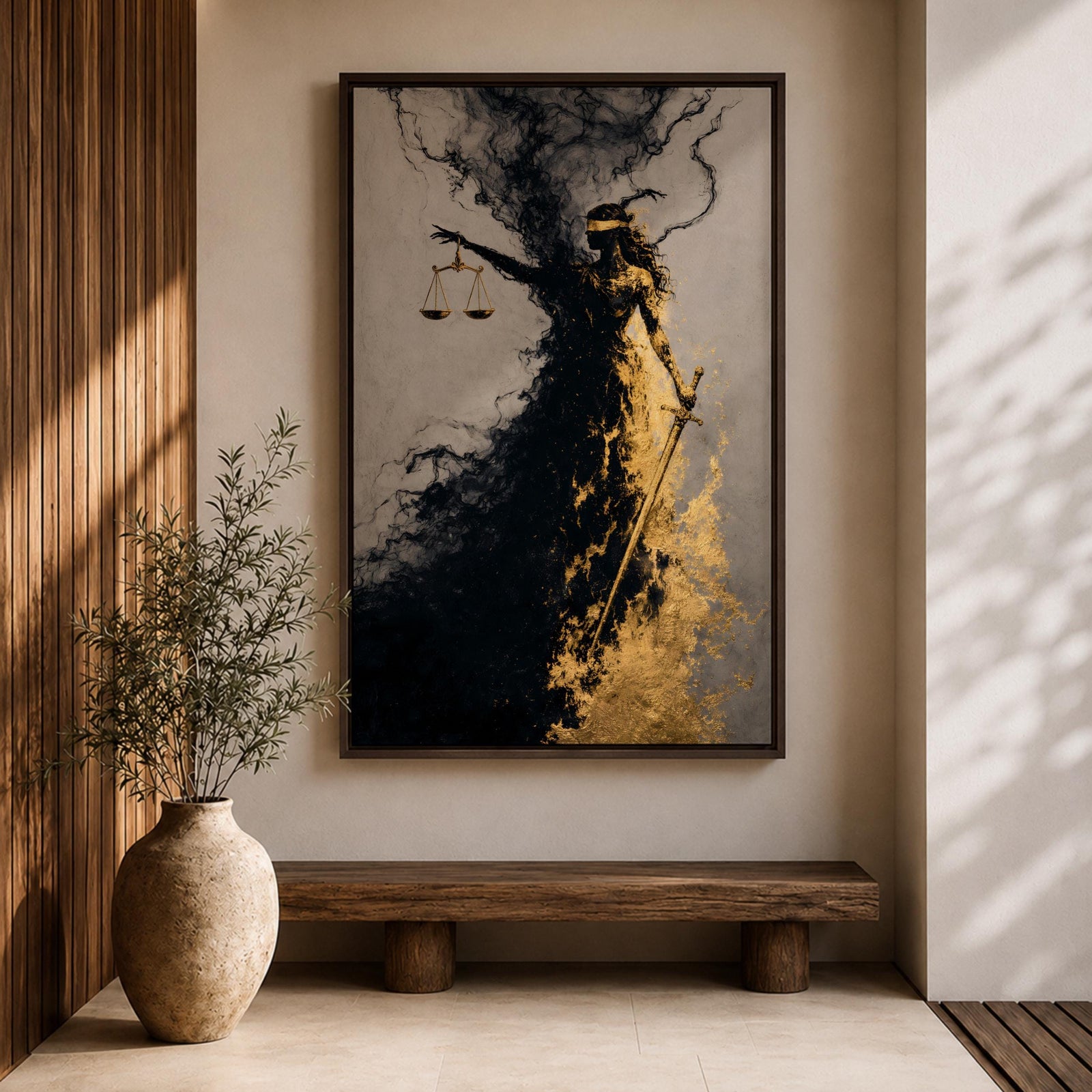 An abstract depiction of Lady Justice emerging from swirling black and gold textures, her blindfolded figure partially dissolving into smoky forms while holding balanced scales in one hand and a sword in the other, with dramatic contrast between dark shadows and metallic gold accents emphasizing motion and symbolism.