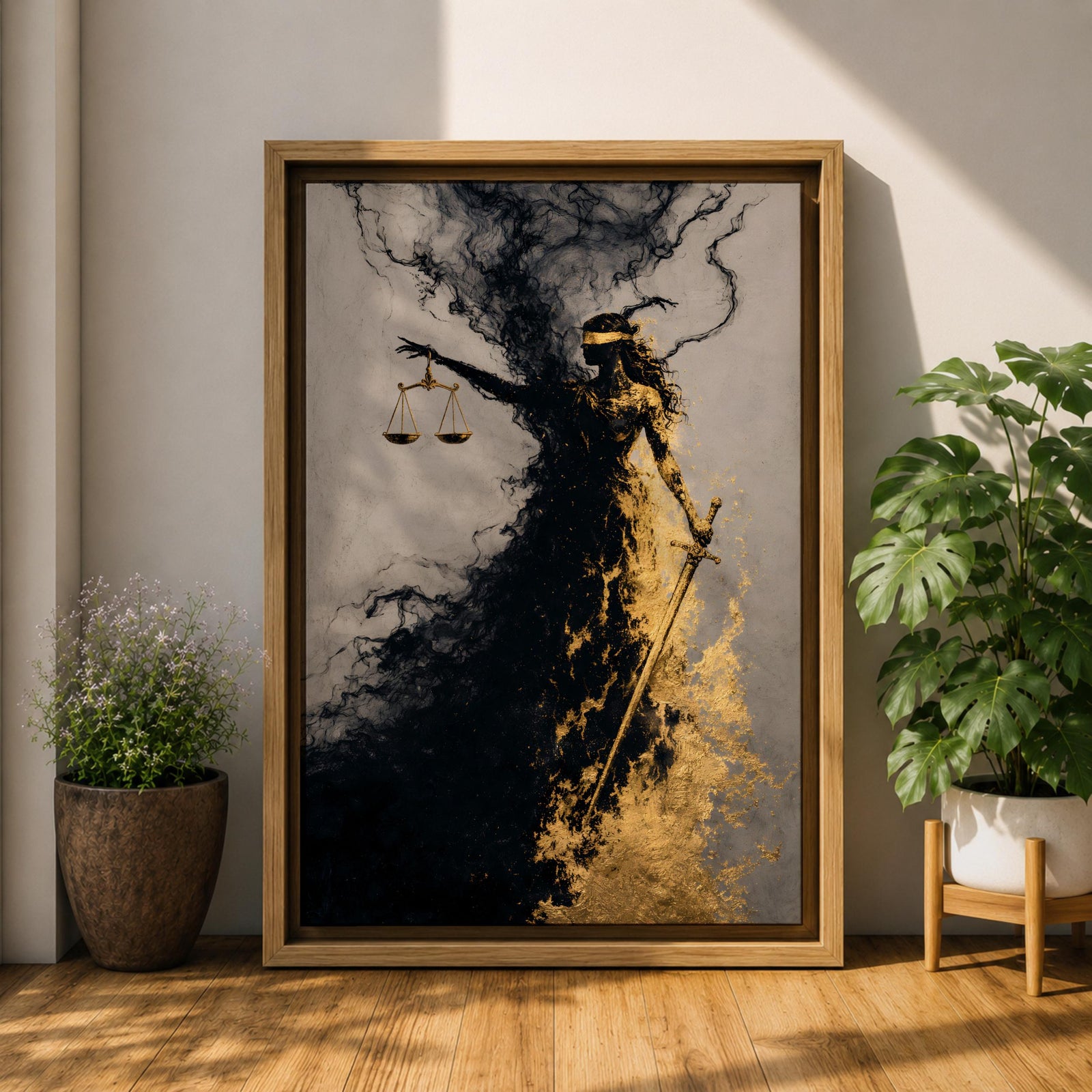 An abstract depiction of Lady Justice emerging from swirling black and gold textures, her blindfolded figure partially dissolving into smoky forms while holding balanced scales in one hand and a sword in the other, with dramatic contrast between dark shadows and metallic gold accents emphasizing motion and symbolism.