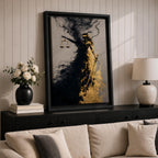 An abstract depiction of Lady Justice emerging from swirling black and gold textures, her blindfolded figure partially dissolving into smoky forms while holding balanced scales in one hand and a sword in the other, with dramatic contrast between dark shadows and metallic gold accents emphasizing motion and symbolism.