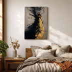 An abstract depiction of Lady Justice emerging from swirling black and gold textures, her blindfolded figure partially dissolving into smoky forms while holding balanced scales in one hand and a sword in the other, with dramatic contrast between dark shadows and metallic gold accents emphasizing motion and symbolism.