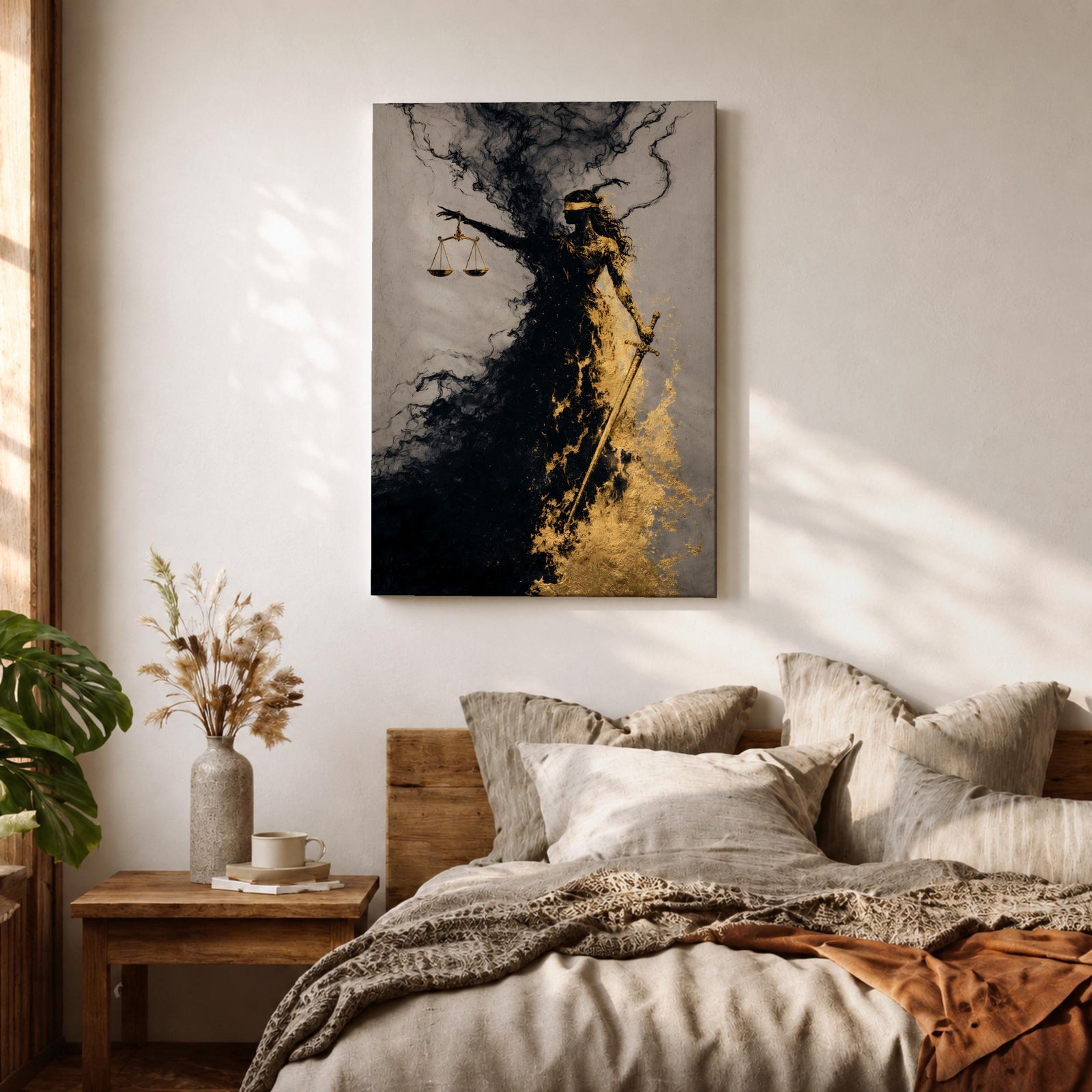 An abstract depiction of Lady Justice emerging from swirling black and gold textures, her blindfolded figure partially dissolving into smoky forms while holding balanced scales in one hand and a sword in the other, with dramatic contrast between dark shadows and metallic gold accents emphasizing motion and symbolism.