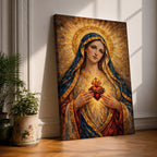 A richly textured impasto painting depicting the Sacred Heart of Mary, showing a woman with a golden halo and blue veil holding a glowing heart encircled by thorns and topped with a cross, rendered with thick brushstrokes emphasizing light and depth in a religious style.