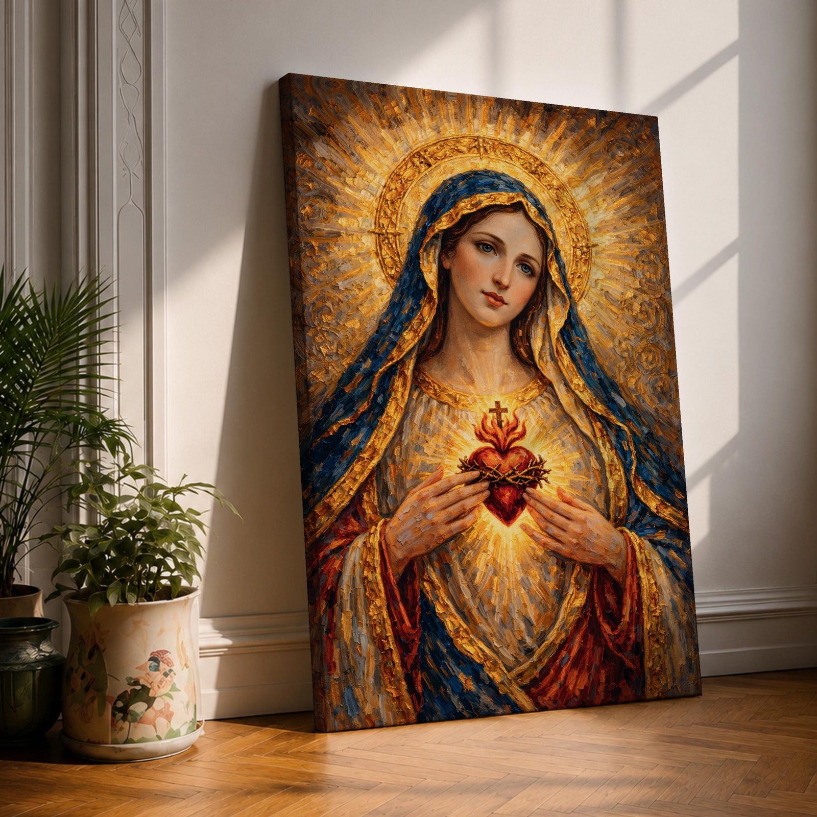 A richly textured impasto painting depicting the Sacred Heart of Mary, showing a woman with a golden halo and blue veil holding a glowing heart encircled by thorns and topped with a cross, rendered with thick brushstrokes emphasizing light and depth in a religious style.