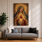 A richly textured impasto painting depicting the Sacred Heart of Mary, showing a woman with a golden halo and blue veil holding a glowing heart encircled by thorns and topped with a cross, rendered with thick brushstrokes emphasizing light and depth in a religious style.