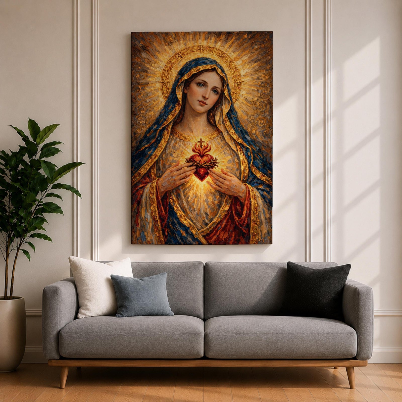 A richly textured impasto painting depicting the Sacred Heart of Mary, showing a woman with a golden halo and blue veil holding a glowing heart encircled by thorns and topped with a cross, rendered with thick brushstrokes emphasizing light and depth in a religious style.