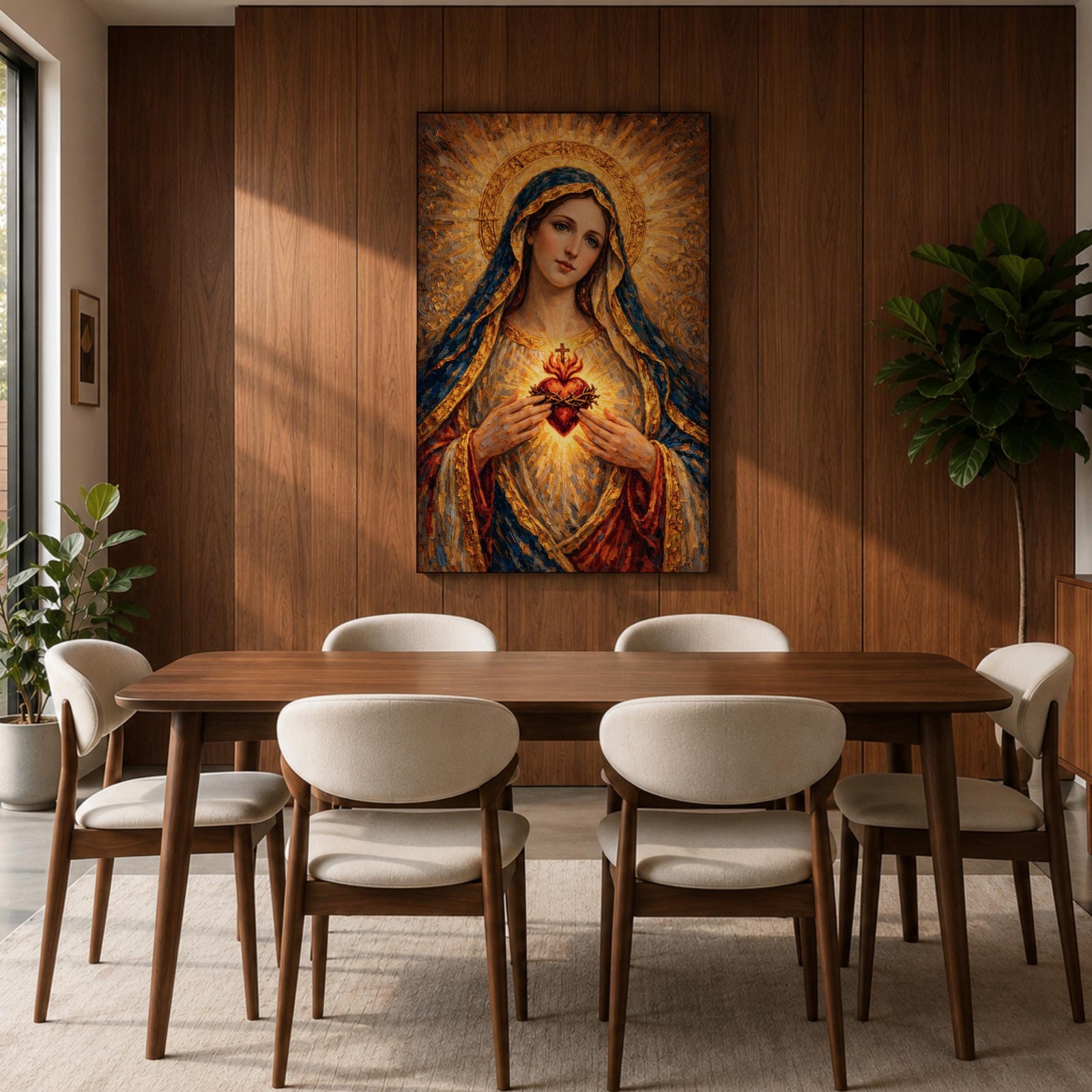 A richly textured impasto painting depicting the Sacred Heart of Mary, showing a woman with a golden halo and blue veil holding a glowing heart encircled by thorns and topped with a cross, rendered with thick brushstrokes emphasizing light and depth in a religious style.