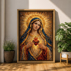 A richly textured impasto painting depicting the Sacred Heart of Mary, showing a woman with a golden halo and blue veil holding a glowing heart encircled by thorns and topped with a cross, rendered with thick brushstrokes emphasizing light and depth in a religious style.