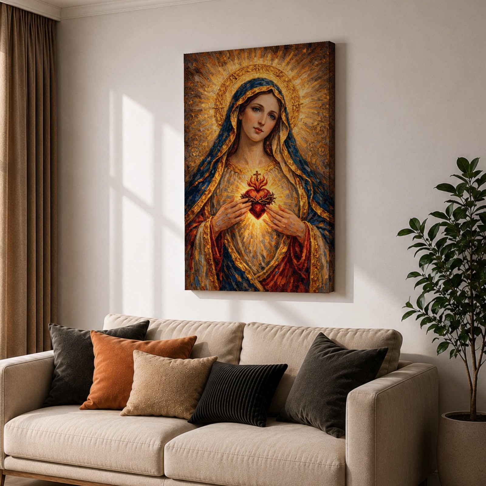 A richly textured impasto painting depicting the Sacred Heart of Mary, showing a woman with a golden halo and blue veil holding a glowing heart encircled by thorns and topped with a cross, rendered with thick brushstrokes emphasizing light and depth in a religious style.