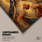 A richly textured impasto painting depicting the Sacred Heart of Mary, showing a woman with a golden halo and blue veil holding a glowing heart encircled by thorns and topped with a cross, rendered with thick brushstrokes emphasizing light and depth in a religious style.