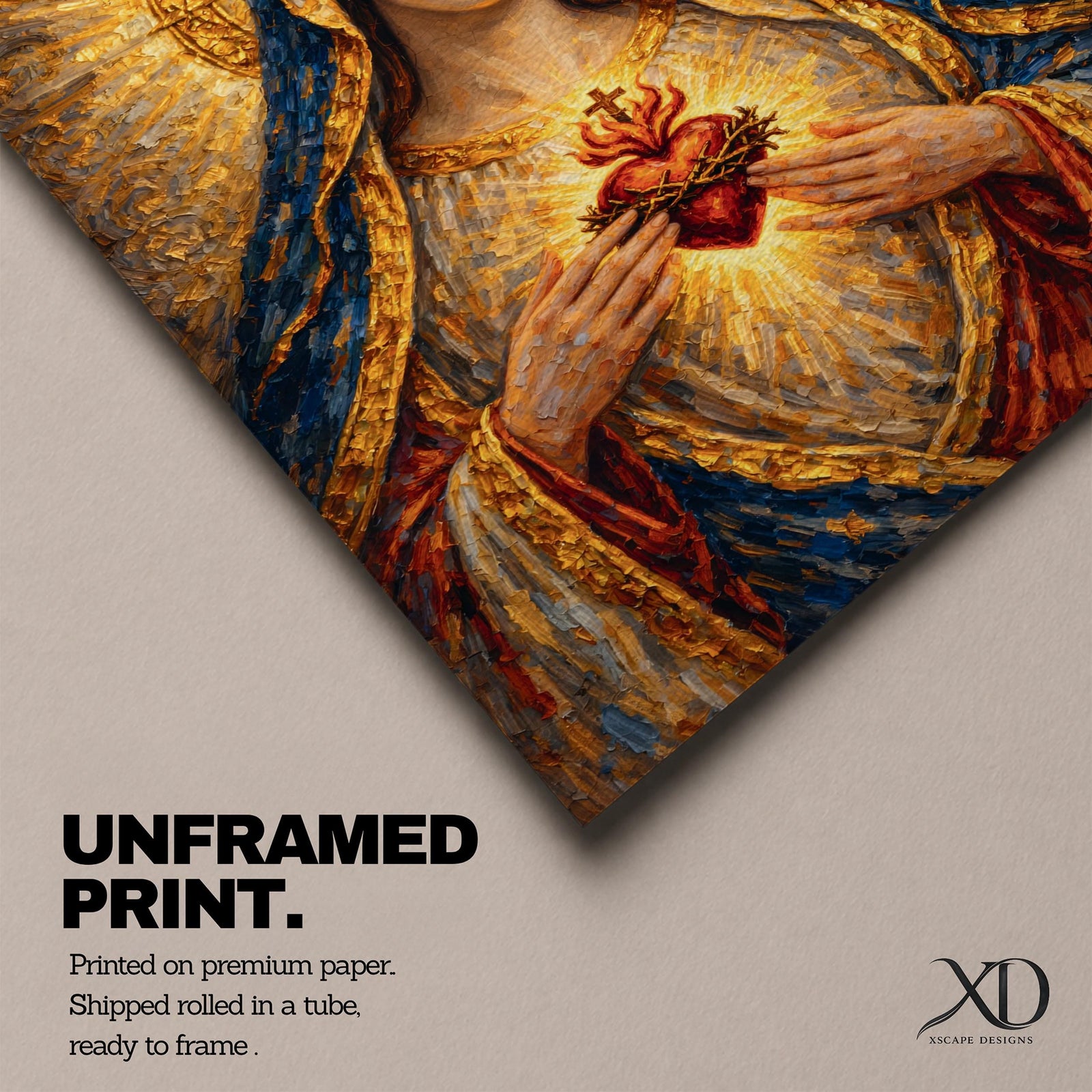 A richly textured impasto painting depicting the Sacred Heart of Mary, showing a woman with a golden halo and blue veil holding a glowing heart encircled by thorns and topped with a cross, rendered with thick brushstrokes emphasizing light and depth in a religious style.