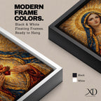A richly textured impasto painting depicting the Sacred Heart of Mary, showing a woman with a golden halo and blue veil holding a glowing heart encircled by thorns and topped with a cross, rendered with thick brushstrokes emphasizing light and depth in a religious style.