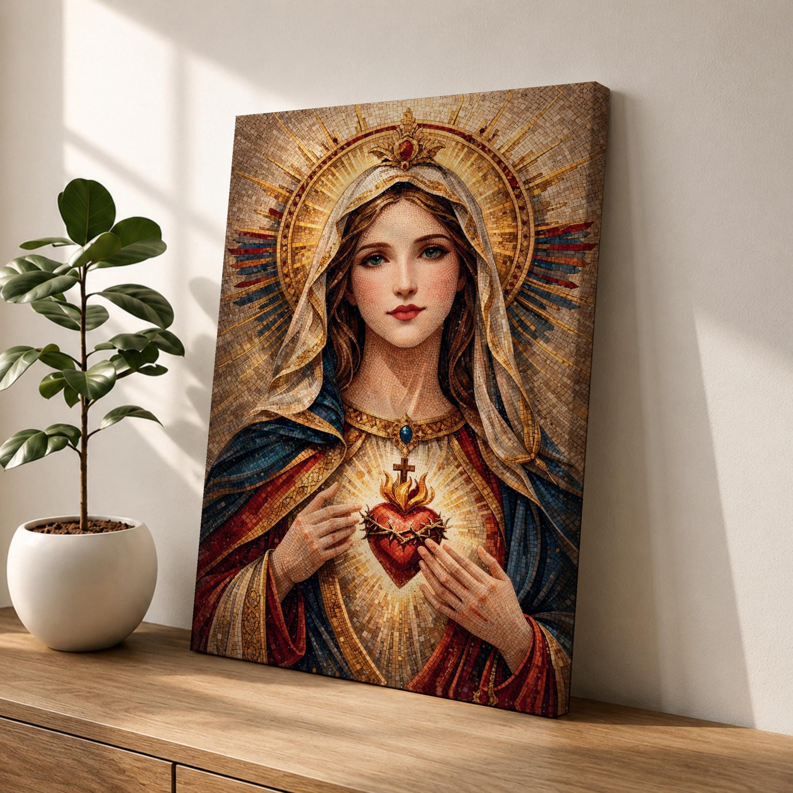 A detailed mosaic-style artwork depicting the Sacred Heart of Mary, featuring a woman with a serene expression, a glowing heart encircled by thorns and a cross, and radiant golden halo rays behind her head, rendered in warm tones with intricate tile-like textures.