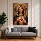 A detailed mosaic-style artwork depicting the Sacred Heart of Mary, featuring a woman with a serene expression, a glowing heart encircled by thorns and a cross, and radiant golden halo rays behind her head, rendered in warm tones with intricate tile-like textures.