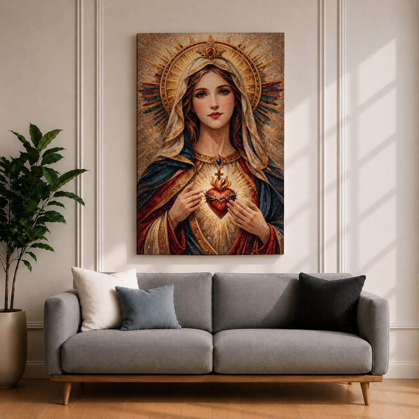 A detailed mosaic-style artwork depicting the Sacred Heart of Mary, featuring a woman with a serene expression, a glowing heart encircled by thorns and a cross, and radiant golden halo rays behind her head, rendered in warm tones with intricate tile-like textures.