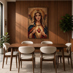 A detailed mosaic-style artwork depicting the Sacred Heart of Mary, featuring a woman with a serene expression, a glowing heart encircled by thorns and a cross, and radiant golden halo rays behind her head, rendered in warm tones with intricate tile-like textures.