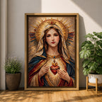 A detailed mosaic-style artwork depicting the Sacred Heart of Mary, featuring a woman with a serene expression, a glowing heart encircled by thorns and a cross, and radiant golden halo rays behind her head, rendered in warm tones with intricate tile-like textures.