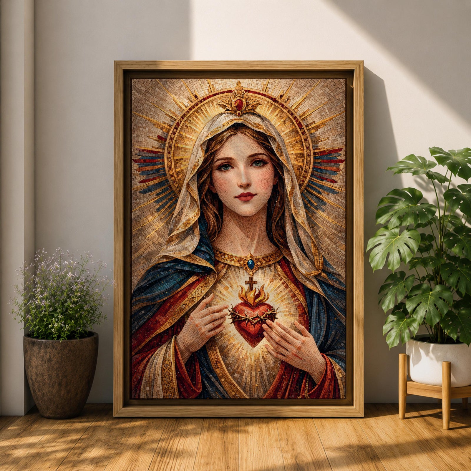 A detailed mosaic-style artwork depicting the Sacred Heart of Mary, featuring a woman with a serene expression, a glowing heart encircled by thorns and a cross, and radiant golden halo rays behind her head, rendered in warm tones with intricate tile-like textures.