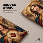 A detailed mosaic-style artwork depicting the Sacred Heart of Mary, featuring a woman with a serene expression, a glowing heart encircled by thorns and a cross, and radiant golden halo rays behind her head, rendered in warm tones with intricate tile-like textures.