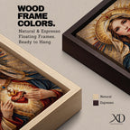 A detailed mosaic-style artwork depicting the Sacred Heart of Mary, featuring a woman with a serene expression, a glowing heart encircled by thorns and a cross, and radiant golden halo rays behind her head, rendered in warm tones with intricate tile-like textures.
