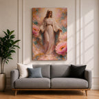 A framed canvas painting depicting the Immaculate Conception showing the Virgin Mary standing with open arms surrounded by soft pink flowers and golden accents, rendered in a realistic style with delicate flowing robes and a serene expression.