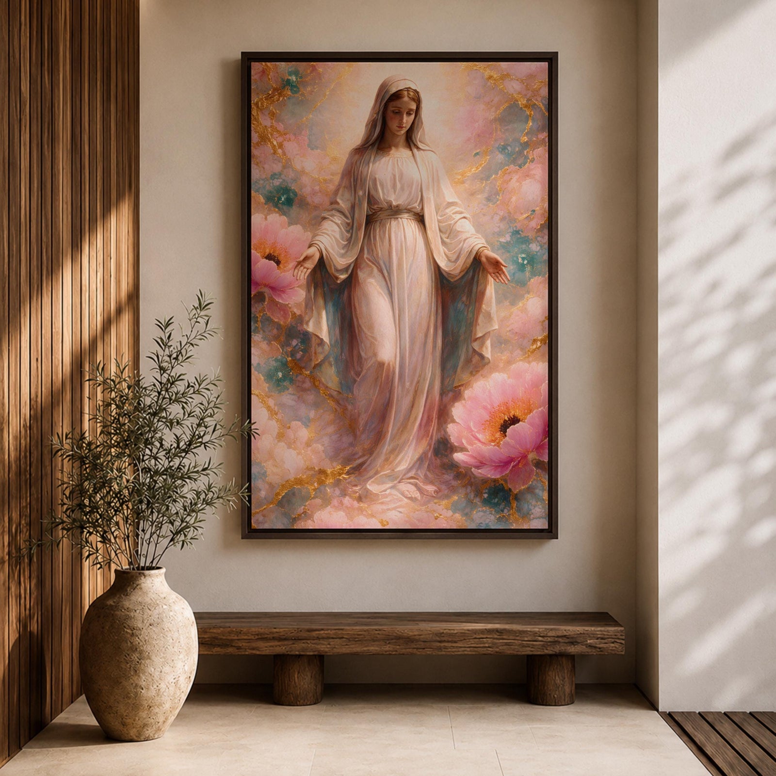 A framed canvas painting depicting the Immaculate Conception showing the Virgin Mary standing with open arms surrounded by soft pink flowers and golden accents, rendered in a realistic style with delicate flowing robes and a serene expression.