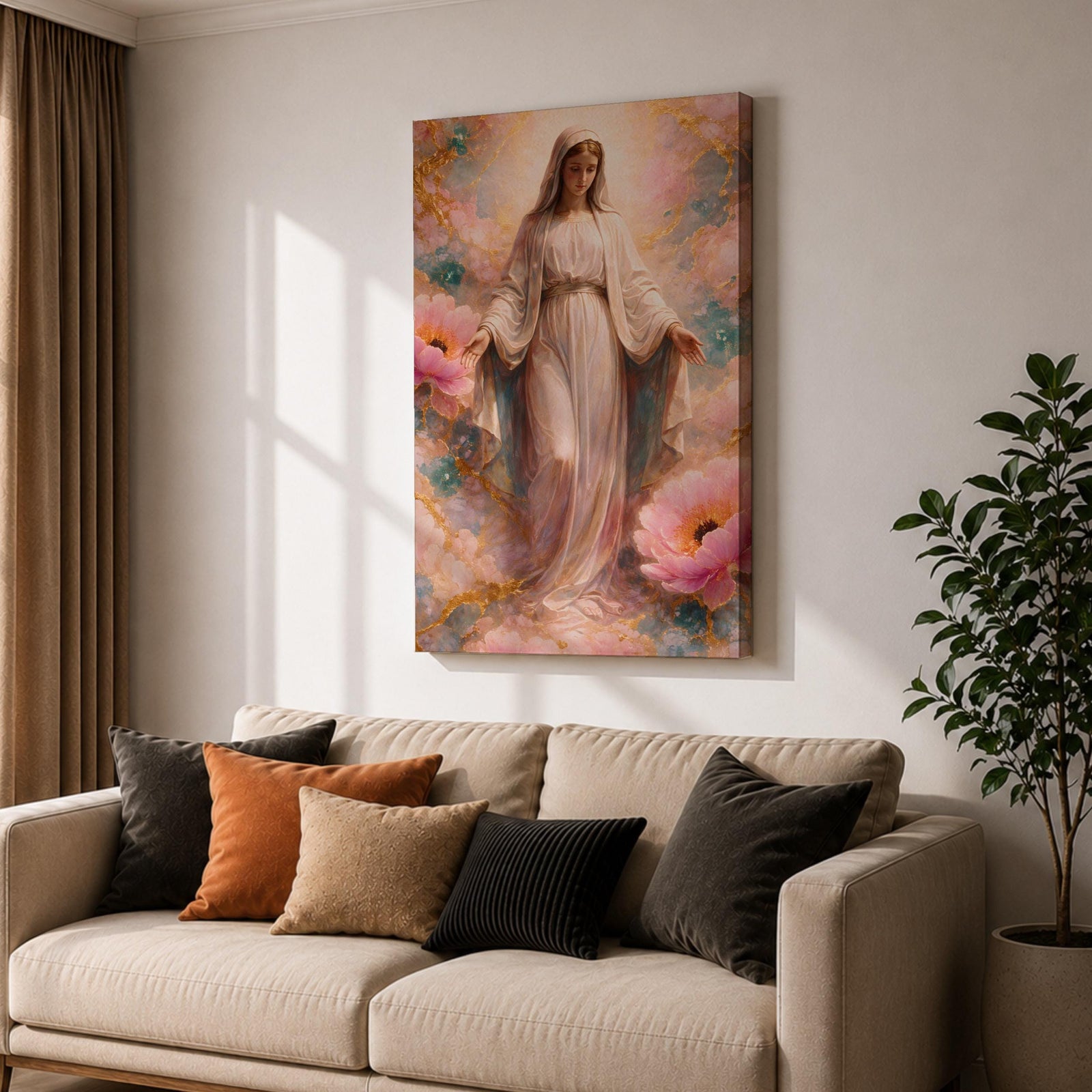 A framed canvas painting depicting the Immaculate Conception showing the Virgin Mary standing with open arms surrounded by soft pink flowers and golden accents, rendered in a realistic style with delicate flowing robes and a serene expression.