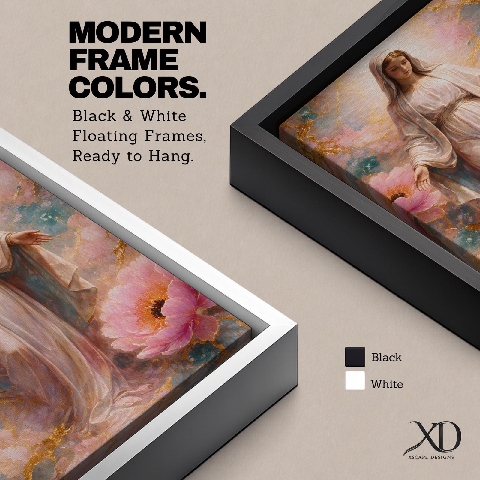 A framed canvas painting depicting the Immaculate Conception showing the Virgin Mary standing with open arms surrounded by soft pink flowers and golden accents, rendered in a realistic style with delicate flowing robes and a serene expression.