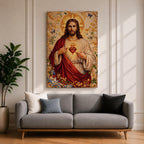 A detailed mosaic-style artwork depicting the Sacred Heart of Jesus with a glowing heart encircled by thorns and a cross above it. Jesus is shown with long hair and a beard, wearing a red and white robe, surrounded by floral and butterfly motifs in a radiant golden background.