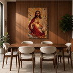 A detailed mosaic-style artwork depicting the Sacred Heart of Jesus with a glowing heart encircled by thorns and a cross above it. Jesus is shown with long hair and a beard, wearing a red and white robe, surrounded by floral and butterfly motifs in a radiant golden background.
