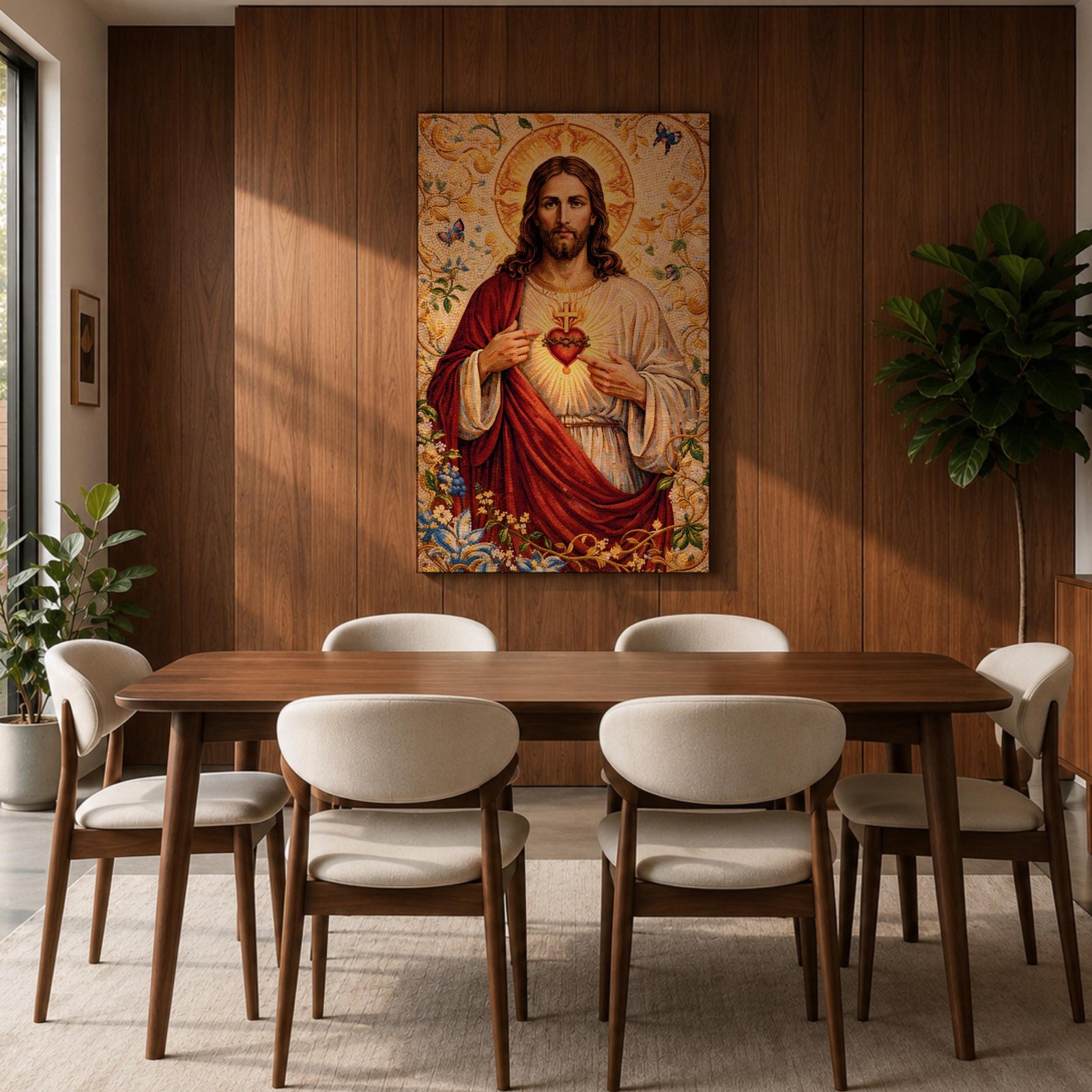 A detailed mosaic-style artwork depicting the Sacred Heart of Jesus with a glowing heart encircled by thorns and a cross above it. Jesus is shown with long hair and a beard, wearing a red and white robe, surrounded by floral and butterfly motifs in a radiant golden background.