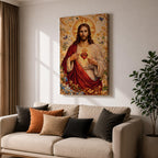 A detailed mosaic-style artwork depicting the Sacred Heart of Jesus with a glowing heart encircled by thorns and a cross above it. Jesus is shown with long hair and a beard, wearing a red and white robe, surrounded by floral and butterfly motifs in a radiant golden background.