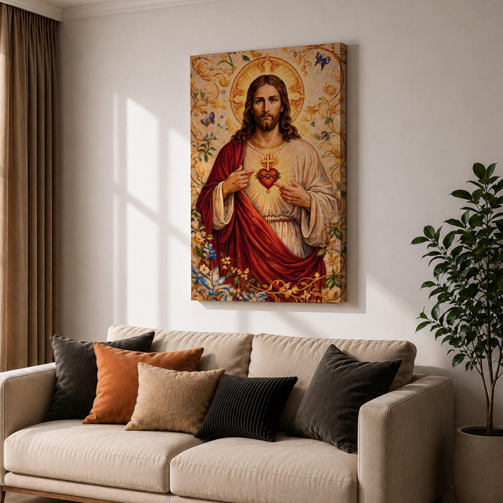 A detailed mosaic-style artwork depicting the Sacred Heart of Jesus with a glowing heart encircled by thorns and a cross above it. Jesus is shown with long hair and a beard, wearing a red and white robe, surrounded by floral and butterfly motifs in a radiant golden background.